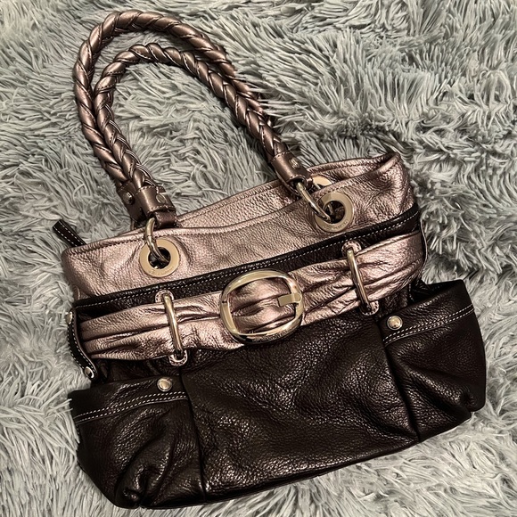 B Makowsky Leather Satchel Black & Silver Hobo Bag - Picture 2 of 7